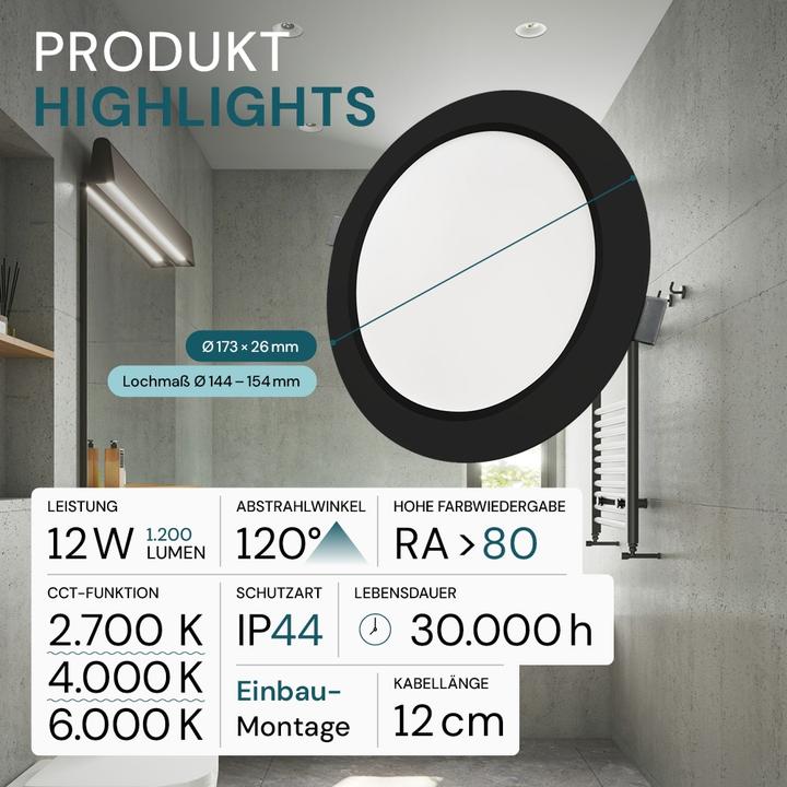 Produktbild Luxula LED-Einbauleuchte, 12W, EEK: F, 1200lm, CCT, IP44, schwarz (1200 lm)