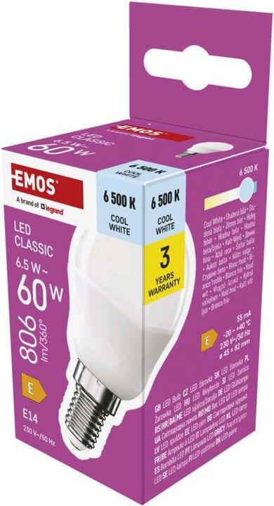 Produktbild Emos LED Lampe Classic Mini Globe / E14 / 6,5 W (60 W) / 806 lm / Kalt-Weiss (E14, 806 lm, 1 x)
