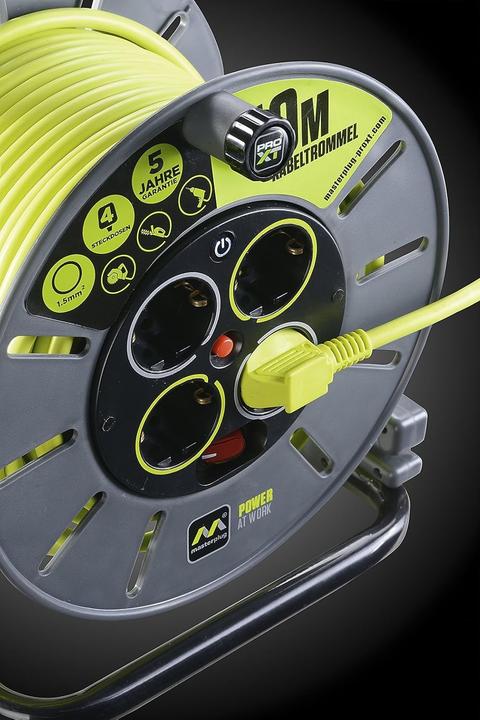Actual product image Masterplug Pro-XT Cable Reel, 50 m, Extension 4 Schuko, Extension Cable, 3000 W, Grey/Green (50 m, 1.50 mm²)
