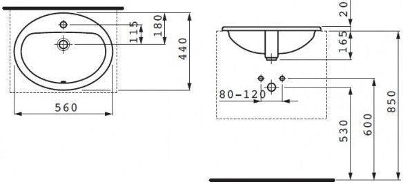 Produktbild Laufen Einbauwaschtisch PRO B 560x440mm mit Überlauf und Hahnloch weiss (440 mm, 560 mm)