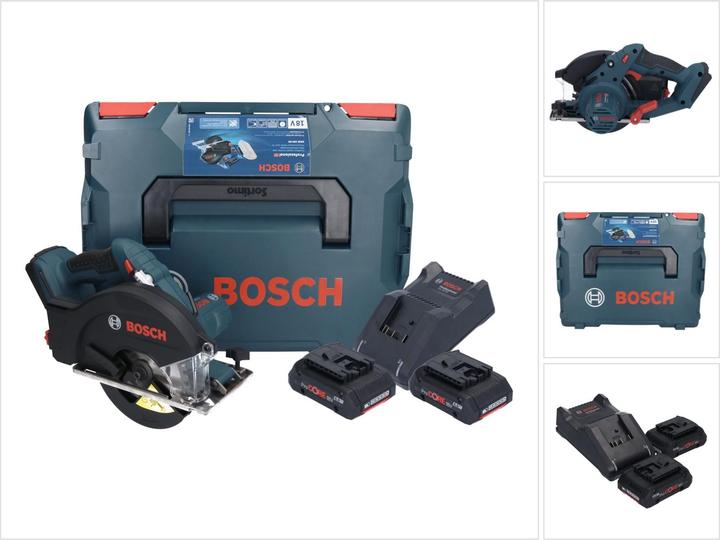 1x Bosch GKM 18V-50 Professional cordless metal circular saw, 1x circular saw blade Standard for Steel 136 x 1.6, 1.2 x 20 mm, 30T (2608837746), 1x rip fence (2610347119), 2x Bosch ProCORE rechargeable battery 18 V 4.0 Ah, 1x Bosch GAL 18V-40 charger, 1x L-Boxx 238 (1600A012G2), 1x matching insert