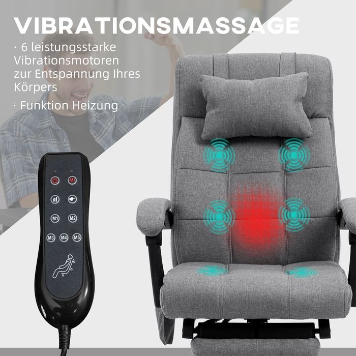 Produktbild Swisshandel24 Bürostuhl mit Massagefunktion, ergonomisch, Lendenheizung, Fussstütze, Kopfstütze, Polyester, Grau