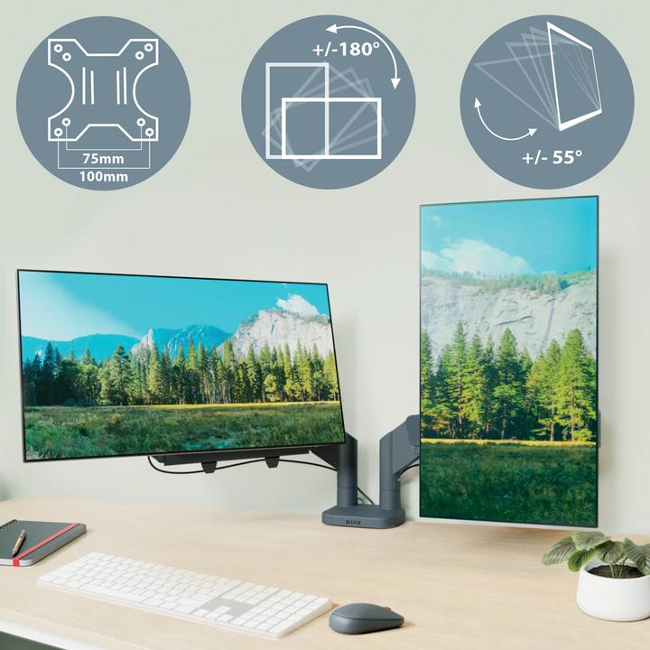 Productafbeelding Leitz Schermsteun 2 monitoren fluweelgrijs (Tabel, 32", 9 kg)