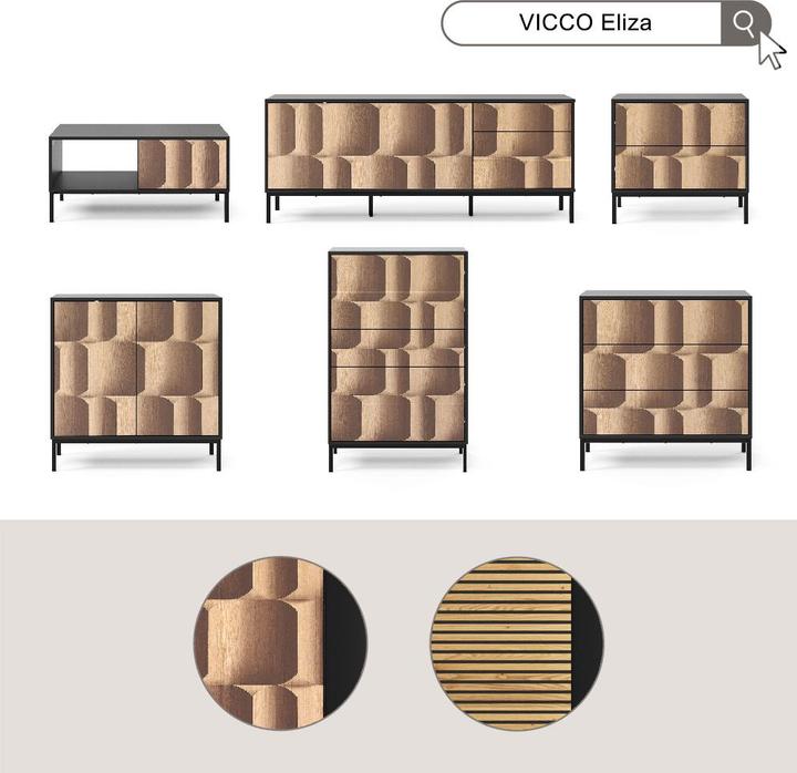 Actual product image Vicco Sideboard Eliza, Black/oak, 150 x 60 cm with 3 drawers (150 x 60 x 40 cm)