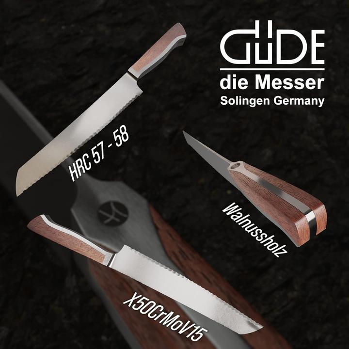 Actual product image Gude Solingen Bread knife forged 22 cm walnut wood CAMINADA Handmade Germany (22 cm)