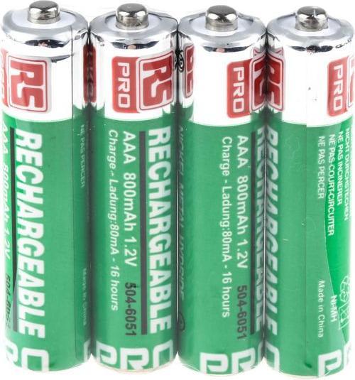 Immagine prodotto RS PRO Batteria ricaricabile AAA, NiMH, 1,2V, 800mAh, attacco standard, -10 +60°C (4 pz., AAA, 800 mAh)