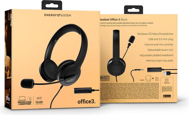 Produktbild Energy Sistem Headset Office 3 Black (USB and 3.5 mm plug, volume and mute control, retractable boom mic) (Kabelgebunden, USB-A)