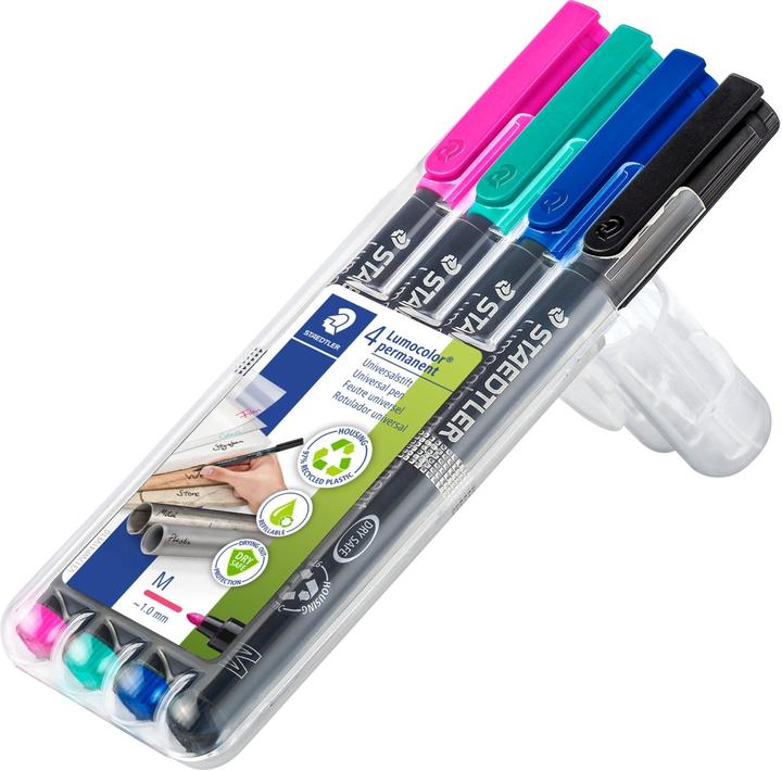 Actual product image Staedtler Lumocolor permanent universal pen 317, M, cardboard box with 6 pieces, assorted (Lilac, Grey, Turquoise, Light blue, 1 mm, 4 x)