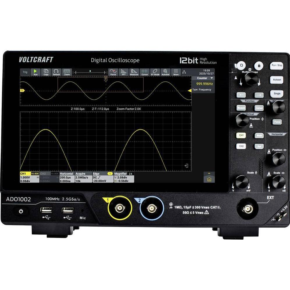 Voltcraft, Multimetro, ADO-1002 Digital-Oszilloskop 100 MHz 2.5 GSa/s 250 Mpts 12 Bit Digit (CAT II 300V)
