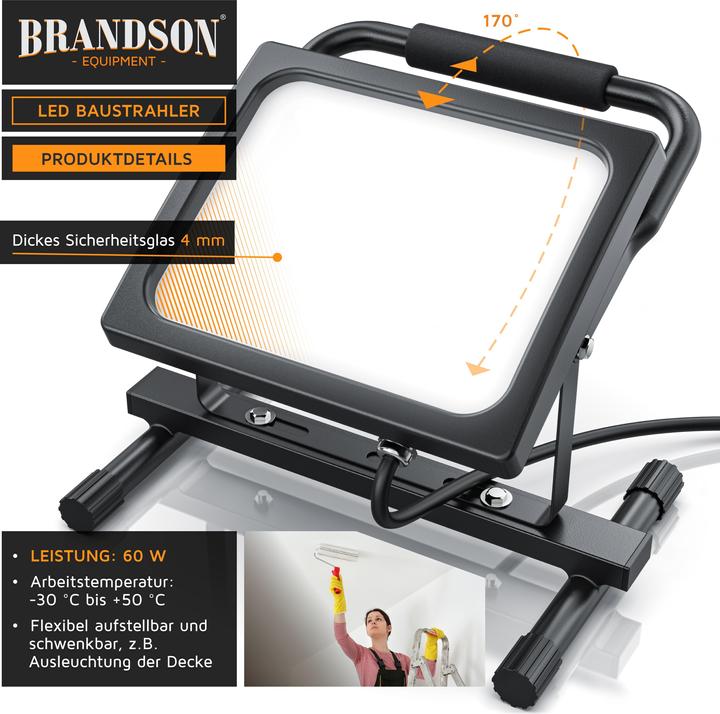 Produktbild Brandson Baustrahler, 60W LED Outdoor Fluter, Bauscheinwerfer, Arbeitsleuchte, 3,8m Kabel, IP65 (6000 lm)