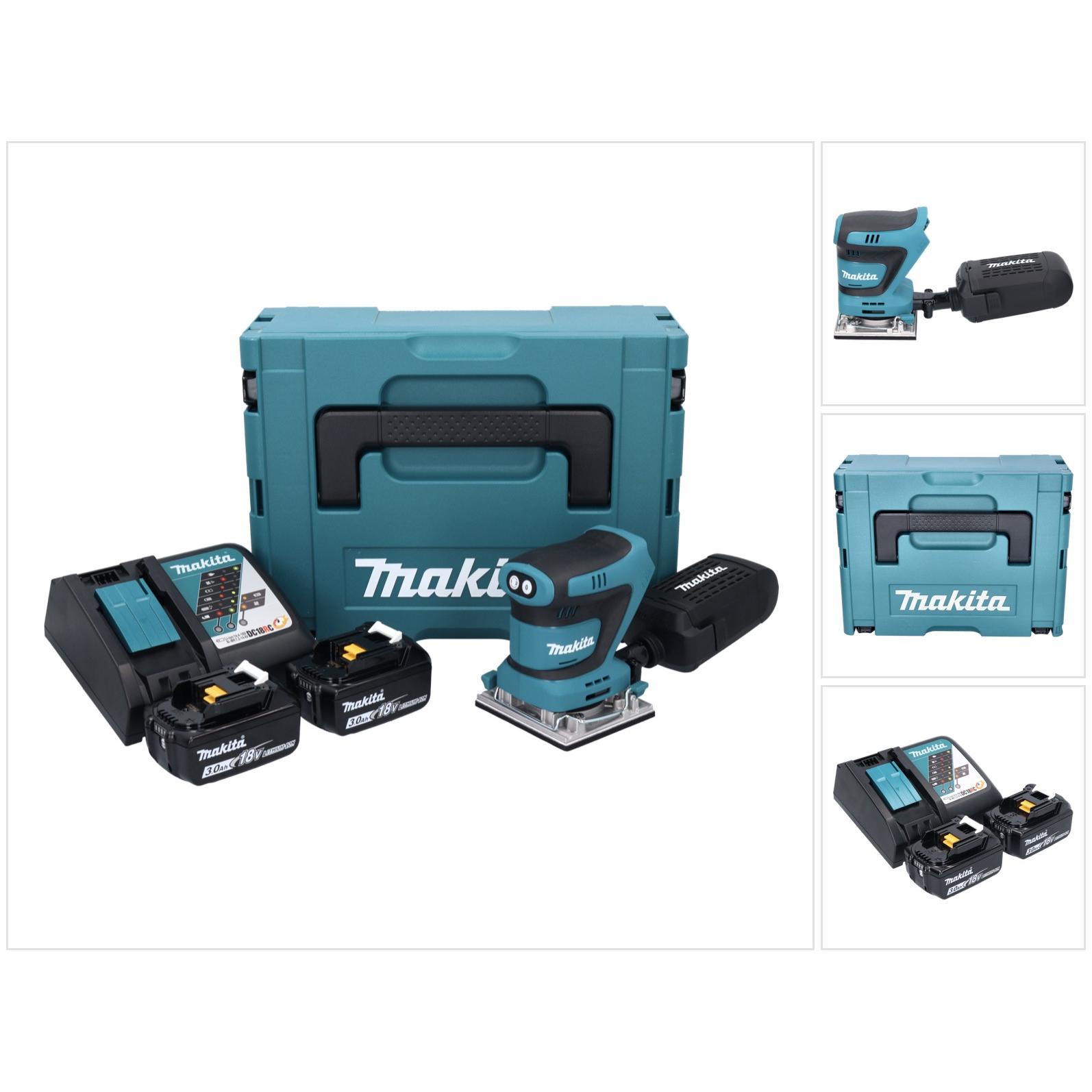 Makita, Rettificatrice + lucidatrice, DBO 482 RFJ Levigatrice orbitale a batteria 18 V 112 x 102 mm + 2x batteria 3,0 Ah + caricatore + (Levigatrice o