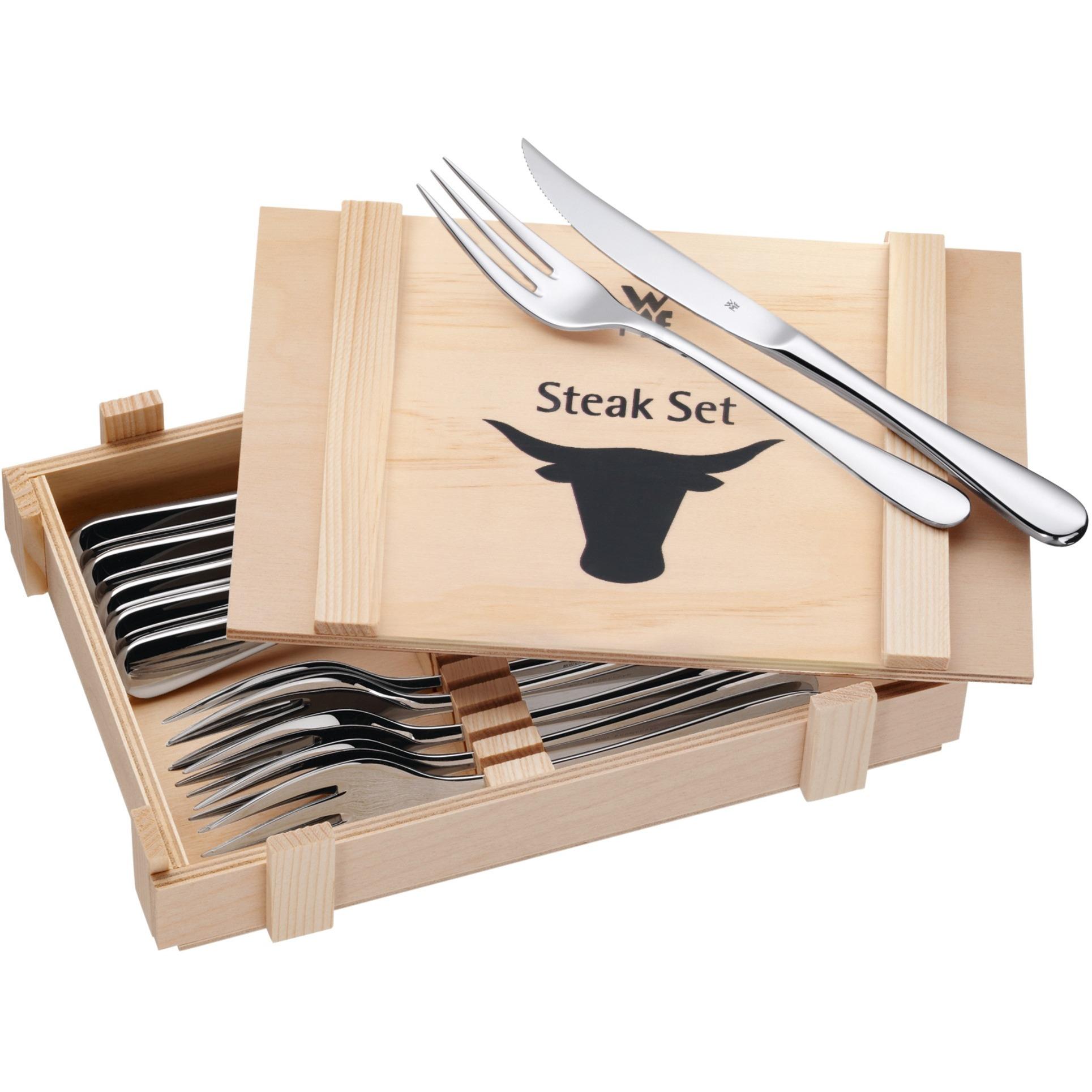 WMF Steakbesteck Set Steakmesser 6 Personen 12tlg Spezialklingenstahl Eichenholz Holzkiste (12 Stück, Besteck Set) (12.8023.9990)