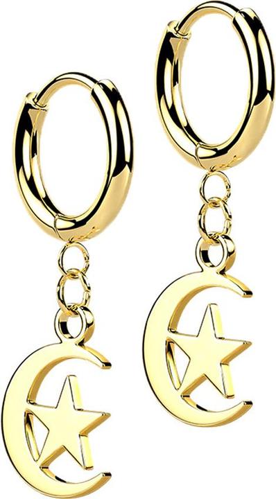 Produktbild Star Piercing Ohrring vergoldet Anhänger Mond und Stern (ohne Messing, Chirurgenstahl 316L)