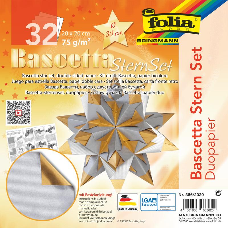 Folia, Bastelpapier, Faltbl„tter Bascetta-Stern, 200 x 200 mm, silber/gold (20 x)
