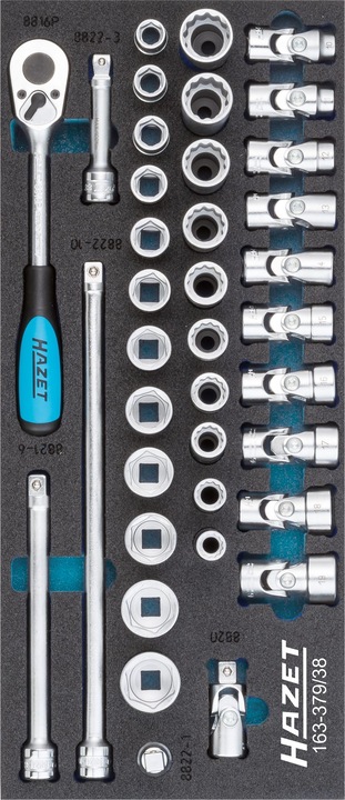 Produktbild HAZET Steckschlüssel Satz 163-379/38 ∙ Vierkant10 mm (3/8 Zoll) ∙ Aussen Doppel-Sechskant-Tractionsp…