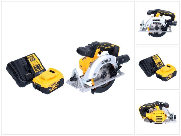 1x DeWalt DCS 565 cordless portable circular saw, 1x saw blade, 1x rip fence, 1x dust extraction adapter, 1x DeWalt DCB 184 18 V 5.0 Ah battery, 1x DeWalt DCB charger
