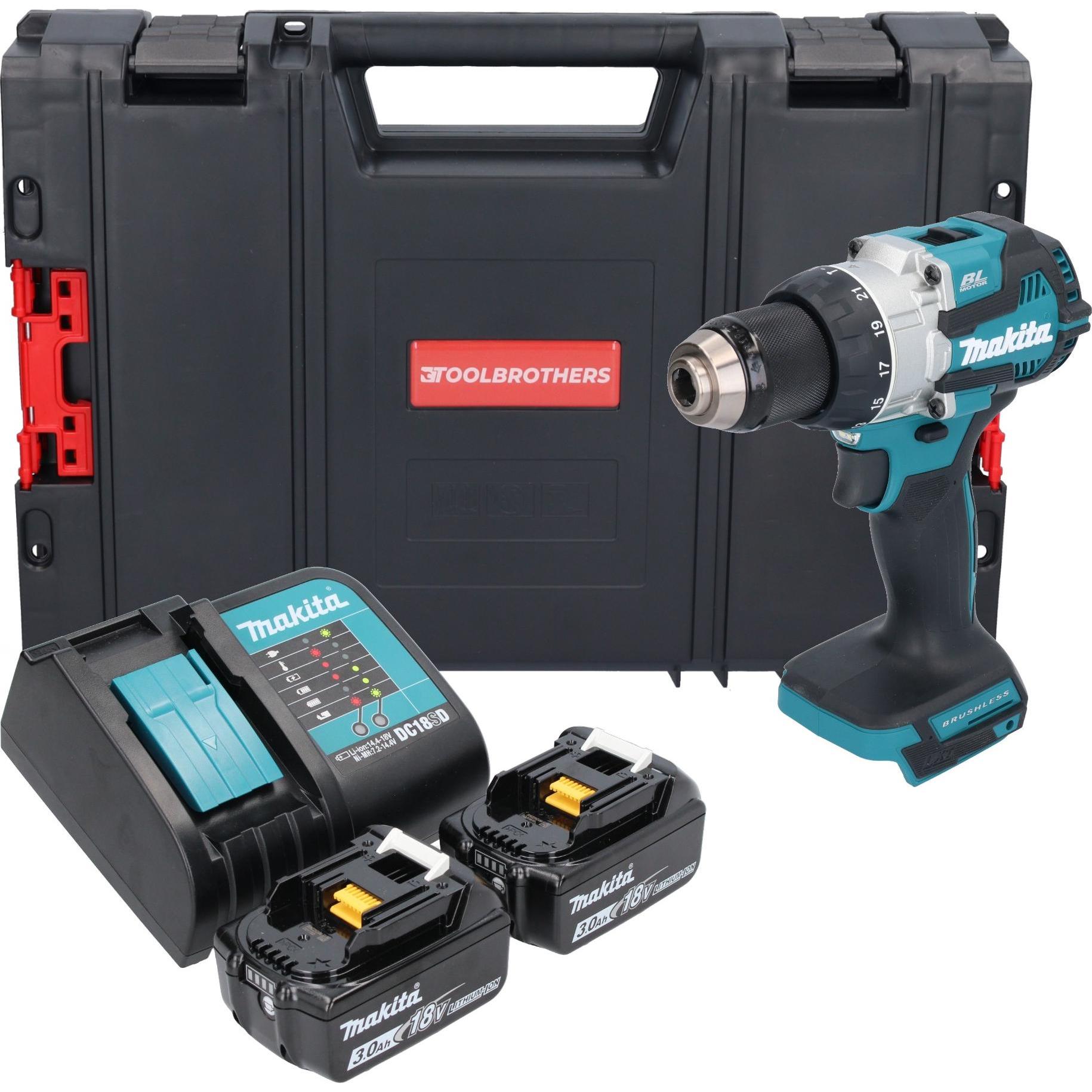 Makita, Bohrmaschine + Akkuschrauber, DHP 489 SFJ-R Akku Schlagbohrschrauber 18 V 73 Nm Brushless + 2x Akku 3,0 Ah + Lad...