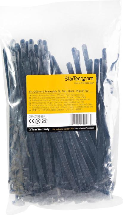 Actual product image StarTech 20cm(8") Reusable Cable Ties, 7mm(1/4") wide, 50mm(1-7/8") Bundle Dia. 22kg(50lb (Plastic cable ties, 200 mm, 100 pcs.)