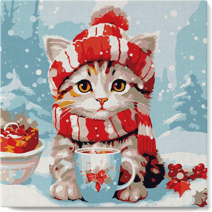 Actual product image Figured'Art Mini Paint by Numbers framed - Cute Cat in Red Scarf