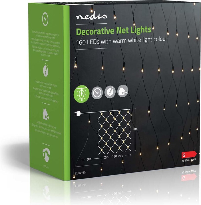 Image du produit Nedis Lampe filet décorative | Blanc chaud | 160 LEDs | 2 x 1 m | Effets de lumière : 7 | Intérieur et (2 m)