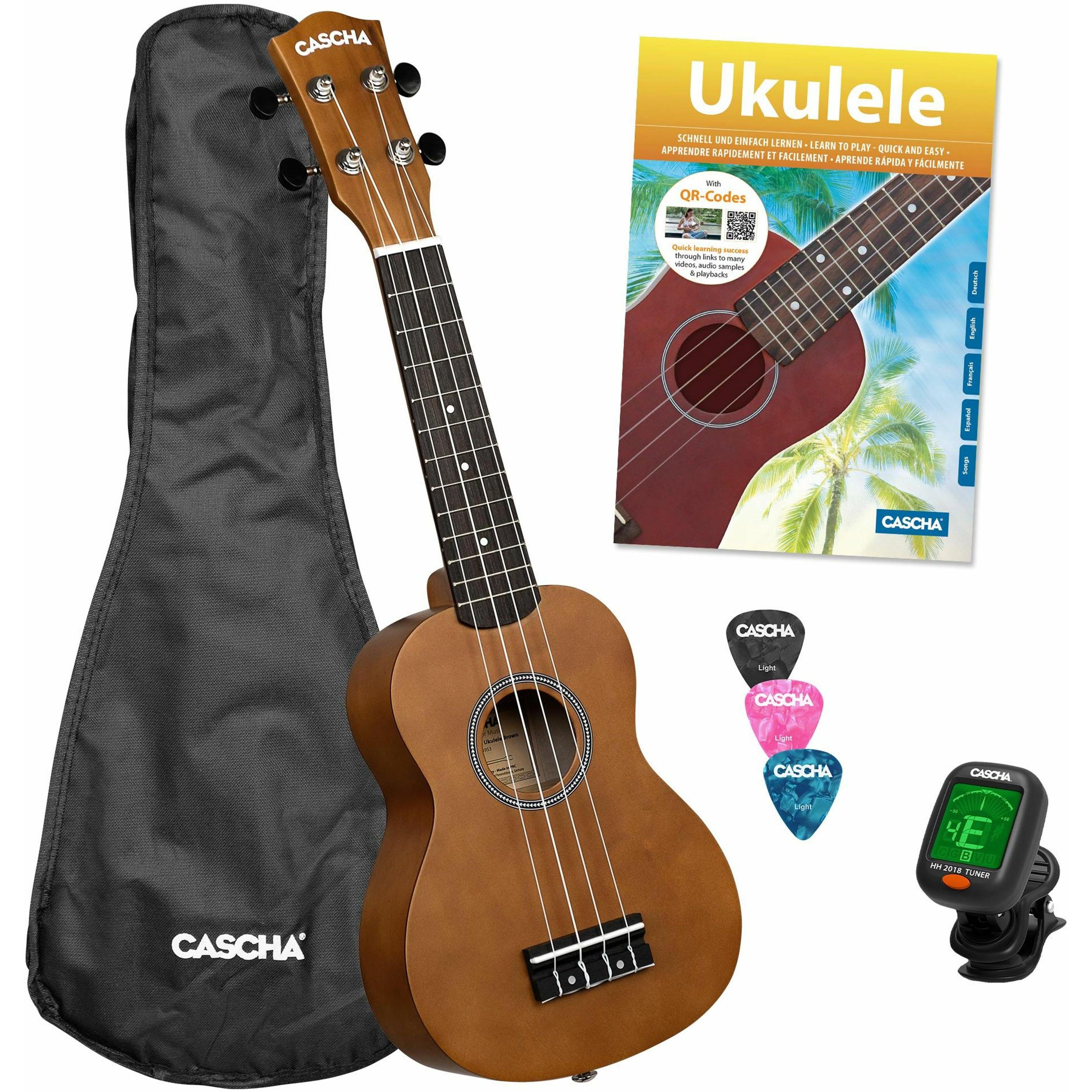 Hage Ukulele Soprano Linden Set (incl. incl. 4 lingue Metodo (DE/EN/FR/ES), Borsa non imbottita, 3 (Soprano, Soprano), Ukulele, Marrone