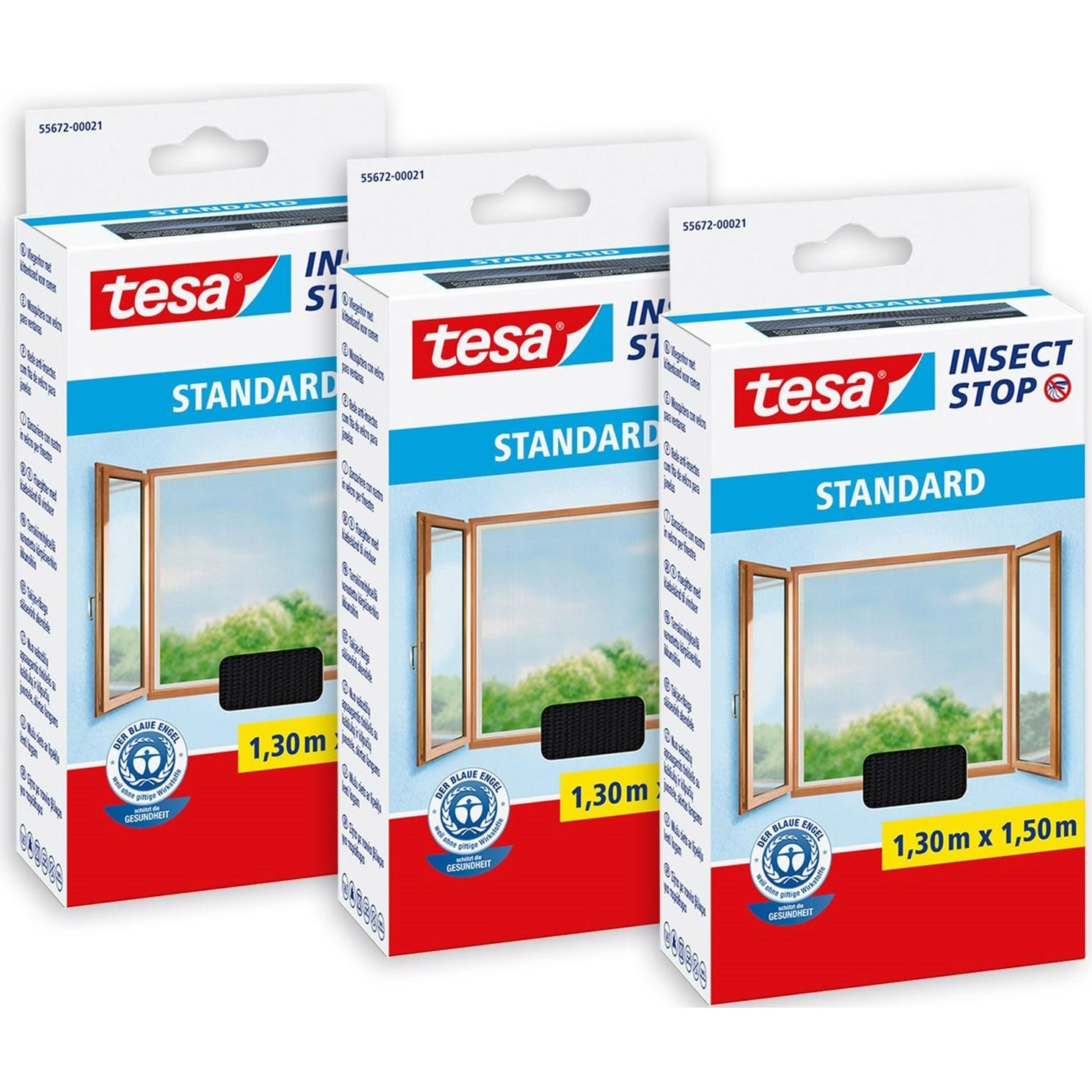 tesa, Fliegengitter, 3x Insektenschutz STANDARD für Fenster, mit Klettband, ohne Bohren (130 x 150 cm)