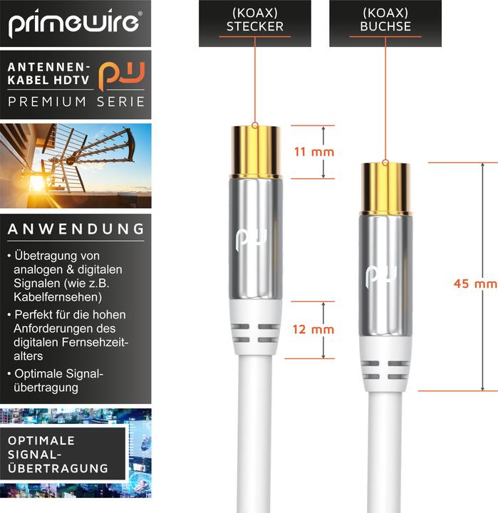 Primewire Antenna Cable HDTV | Premium Coaxial Cable 135dB / 75 Ohm | FullHD / 4k Ultra HD | TV Cable (85 dB, Antenna cable)