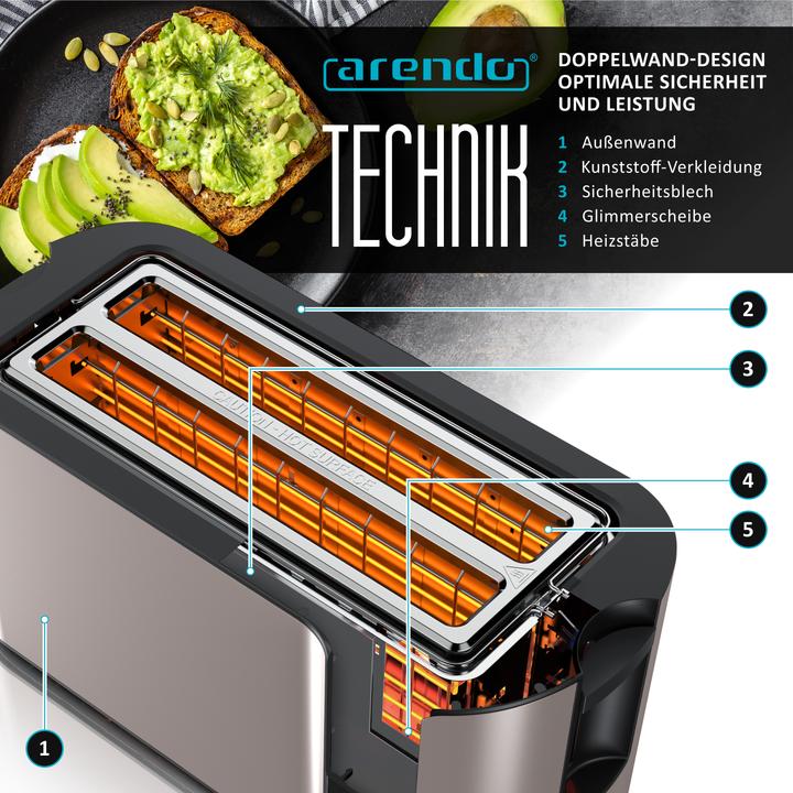 Image du produit Arendo Toaster Wärmeisoliertes Doppelwandgehäuse, 2 lange Schlitze, Touch-Display, für 4 Scheiben, 1500 W