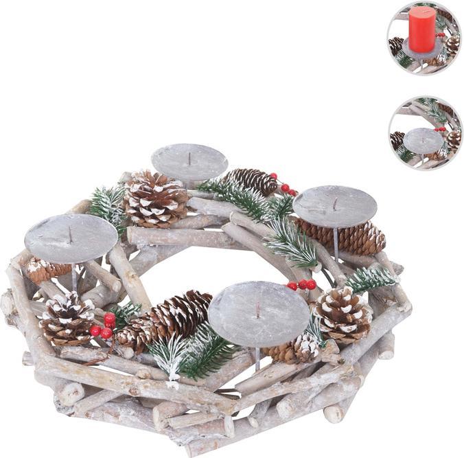 Swisshandel24 Adventskranz rund, Weihnachtsdeko Tischkranz, Holz ø 35cm weiss-grau - ohne Kerzen