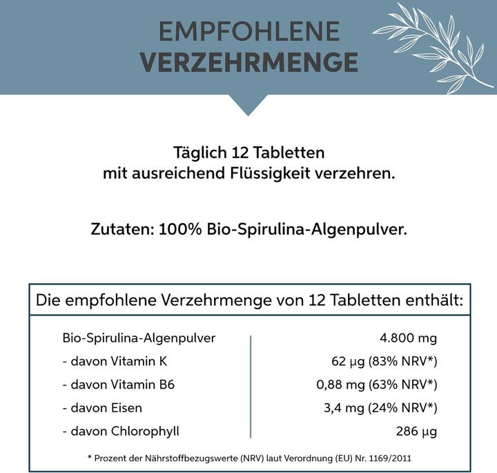Valeurs nutritives et ingrédients Eltabia Comprimés de spiruline biologique | Qualité crudité premium (500 pièce(s), Cachets)