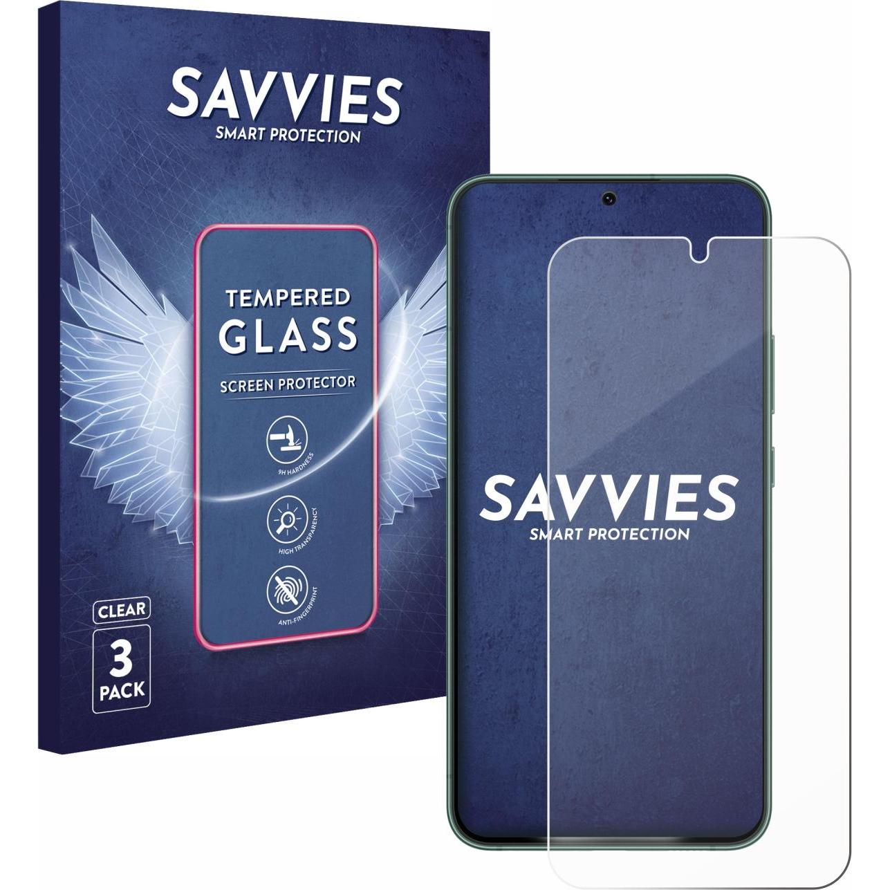 Savvies Panzerglas Hartglas Displayschutz (3 Stück, Samsung Galaxy S22 5G), Smartphone Schutzfolie, Transparent