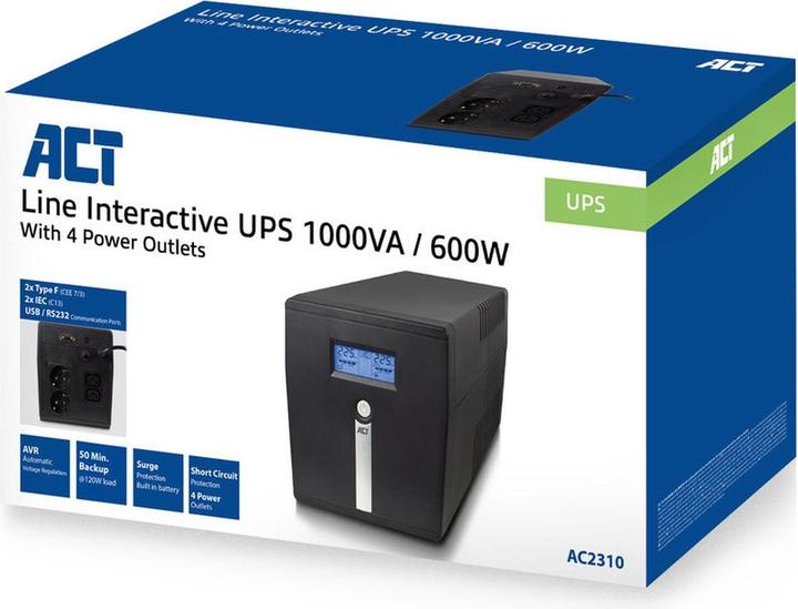 Image du produit ACT UPS, 1000VA, 2x IEC C13, 2x type F female, 1x USB, 1x RS232 (1000 VA, 600 W)