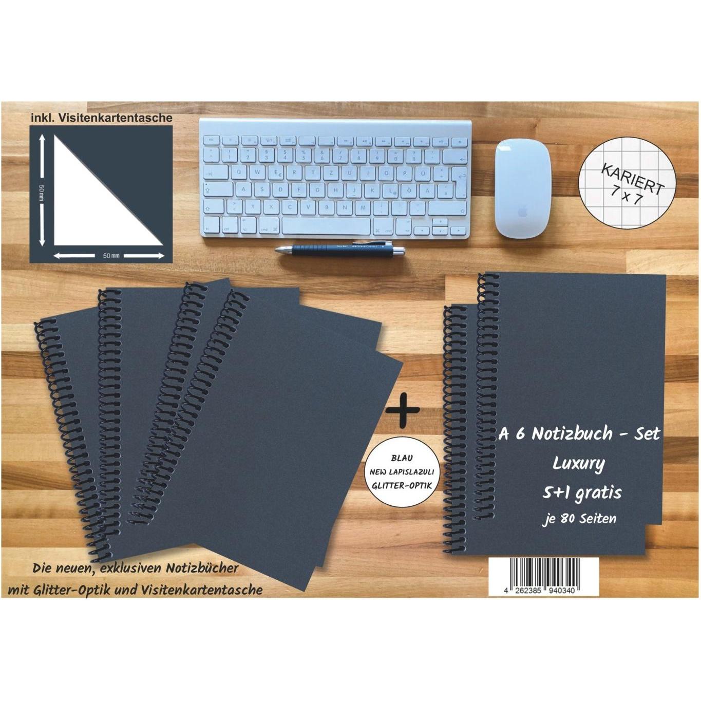 E & Z, Heft + Block, A 6 Notizbuch - Set, 4+2 gratis, Luxury 80 Seiten BLAU NEW LAPISLAZULI GLITTER-OPTIK, kariert 7x7mm...