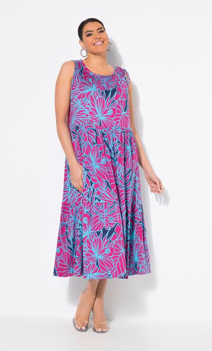 Produktbild Ulla Popken Jersey-Midikleid, Blüten, gekräuselter Rundhals, ärmellos (62)