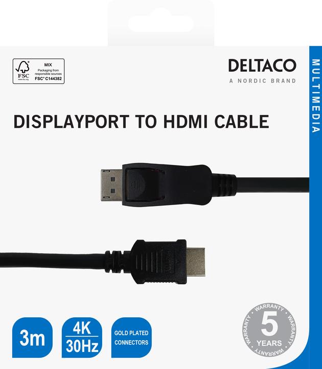 Actual product image Deltaco Cables DisplayPort to HDMI, 4K UHD,, juodas / DP-3030-K / 00110013 (3 m, DisplayPort, 1.2)