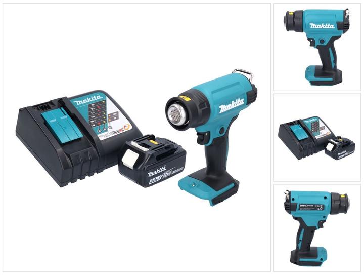 1x Makita DHG 180 batterie soufflerie d'air chaud, 1x Makita BL 1840 B 18 V 4,0 Ah batterie, 1x Makita DC 18 RC chargeur de batterie