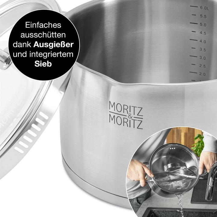 Actual product image Moritz & Moritz Stainless steel saucepan induction 24cm with sieve in the lid - Suitable for all hob types (Pot, Stainless steel)