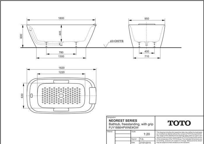 Actual product image TOTO NEOREST freestanding bathtub, with tub handle white (306 l, 180 cm, 95 cm)