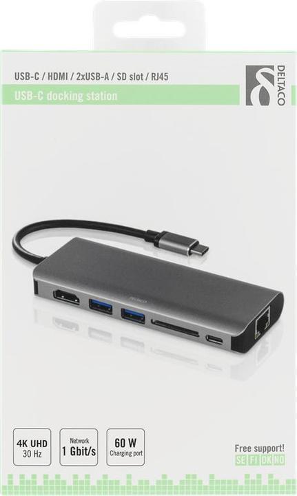 Produktbild Deltaco USBC-1273 - USB-C Docking Station, HDMI, RJ45, USB 3.1, USB-C, SD kaart - aluminium, space grey (USB-A)