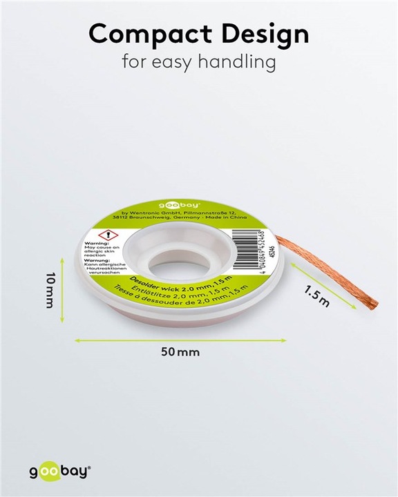 Produktbild Goobay Entlötlitze 2 mm zur Entfernung von Lötzinn an Lötstellen 1,5 m (Entlötlitze)