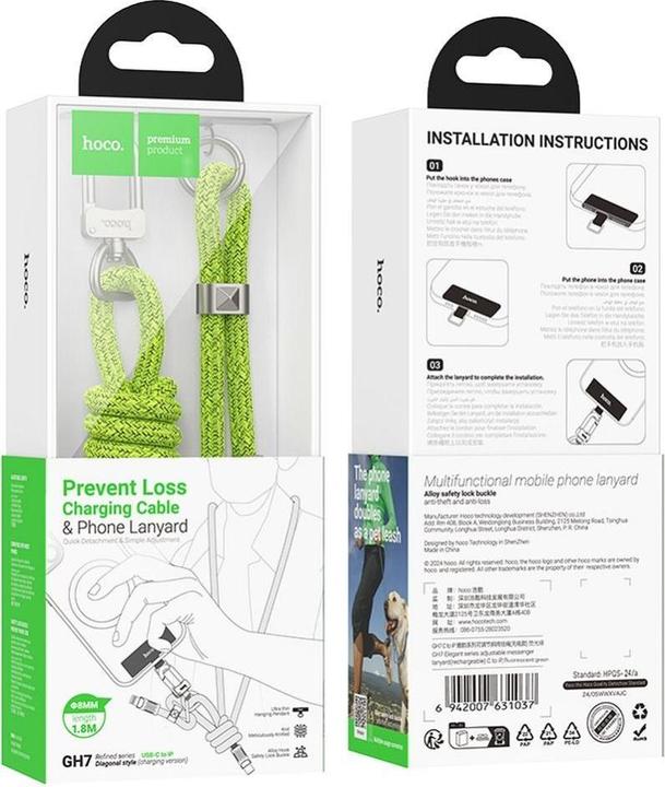 Produktbild Hoco Cable EOL lanyard shape cable Type C to Lightning PD 20W GH7 1,8 m fluorescent green (1.80 m)