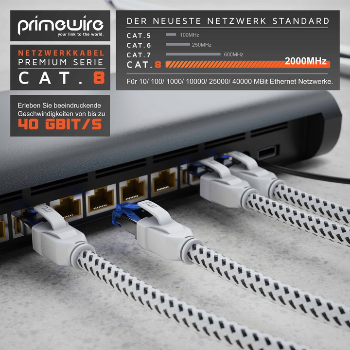 Actual product image Primewire CAT 8 network cable 40 Gbits - cotton jacket - LAN cable patch cable RJ45 - S/FTP PIMF shielding (S/FTP, CAT8.1, 10 m)