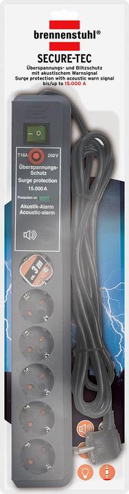 Actual product image Brennenstuhl Secure-Tec surge 15kA, acoustic alarm,3m (6 x, CEE 7/5, 3 m)