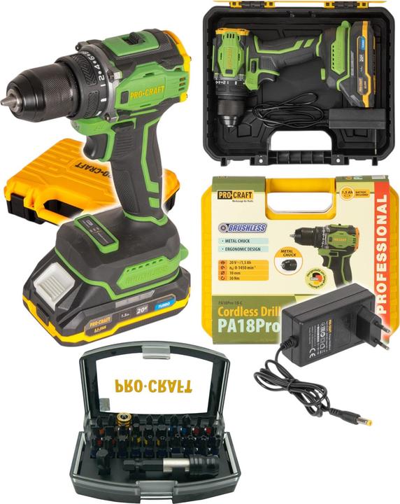 Produktbild Procraft PA18Pro Akku Bohrschrauber 20 V 30 Nm Brushless + 1x Akku 1,5 Ah + Ladegerät + 32 tlg. Bit (Bohrschrauber)