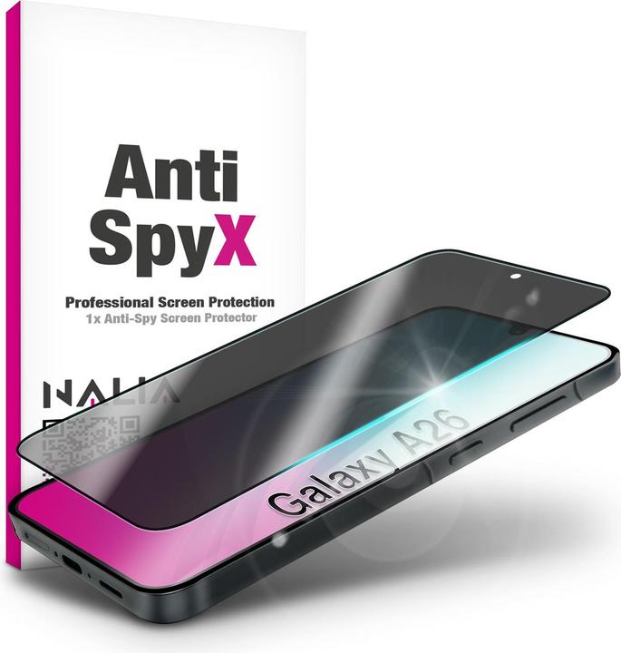 Actual product image Nalia AntiSpyX - Privacy Schutzglas mit Blickschutz - Full Display Screen Protection 9H Tempered Glass (1 Piece, Samsung Galaxy A26)