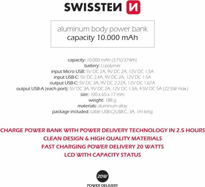 Produktbild Swissten Aluminium POWER BANK 10000 mAh 20W Power Delivery GREY (10000 mAh, 22.50 W, 37 Wh)