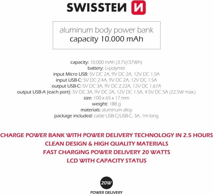 Actual product image Swissten Aluminium POWER BANK 10000 mAh 20W Power Delivery GREY (10000 mAh, 22.50 W, 22.50 Wh)