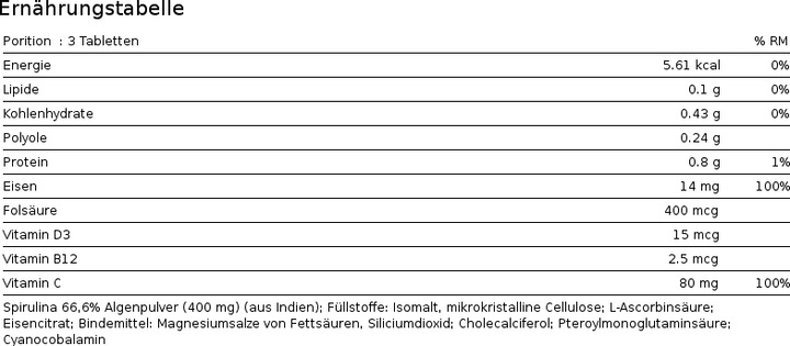 Valori nutrizionali e ingredienti Phytopharma Spirulina Plus compresse (1 Pezzo/i, Pillole, 140 g)