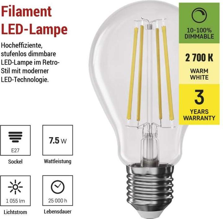 Produktbild Emos LED Lampe Filament A60 / E27 / 7,5 W (75 W) / 1 055 lm / Warmweiss / dimmbar (E27, 1055 lm, 1x)