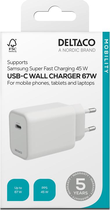Actual product image Deltaco Wall Charger 240W, 67W 1x-USB-C, fastcharge (67 W)